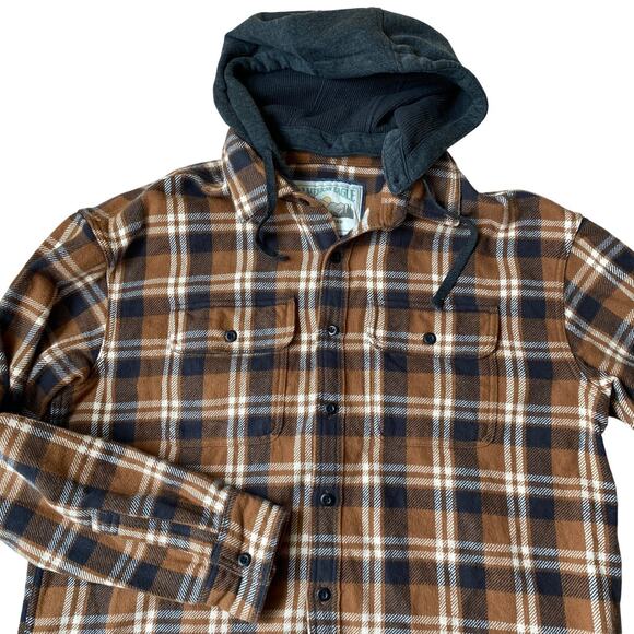 American Eagle Brown Plaid Hooded Flannel Shacket Men L Long Sleeve Button Up - Picture 3 of 11